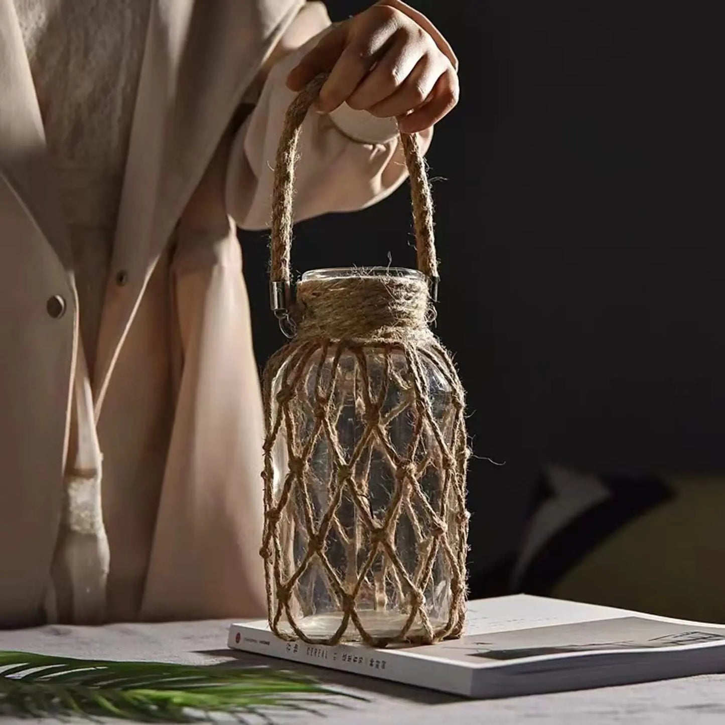 Rustic Hanging Glass Vase with Rope Net